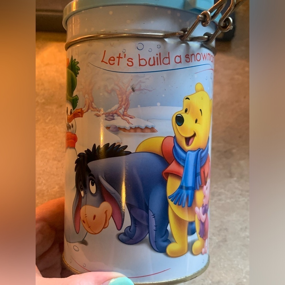 Disneys Winnie The Pooh Christmas Tin Canister Let's Build A Snowman Vintage